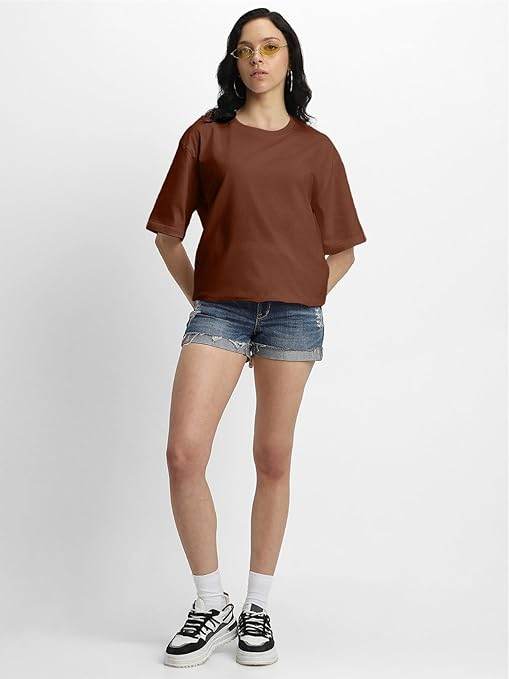 Pure Cotton Women Half Sleeve Brown T-Shirt - MYLUXURY LANE ENTERPRISE