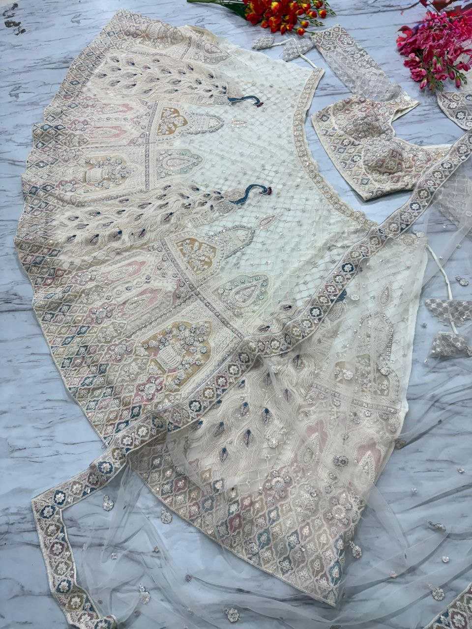Butterfly Net  Designe White Lehenga