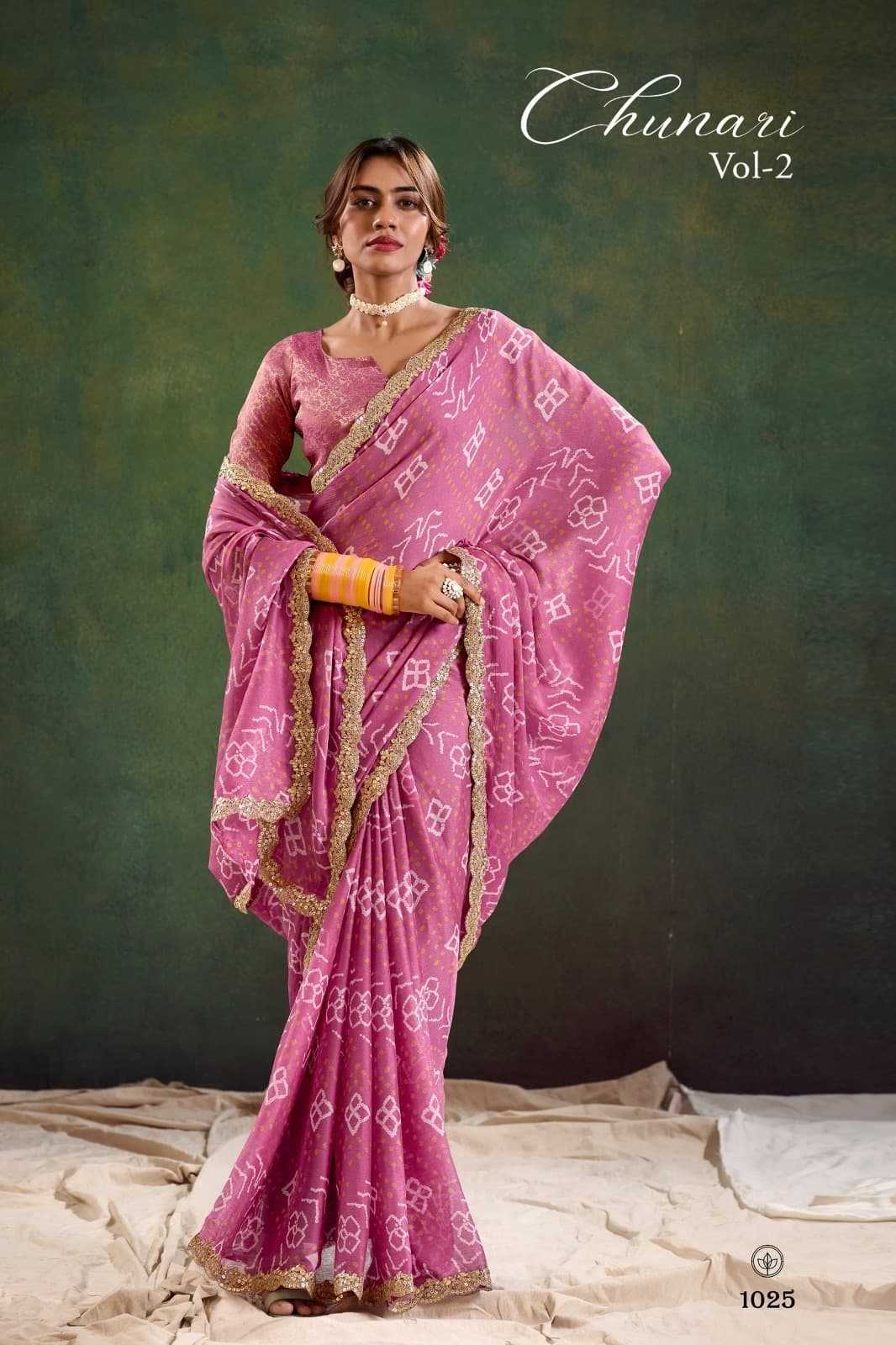 Chiffon  Stavan-Chunari Embroidered  Cutwork Saree