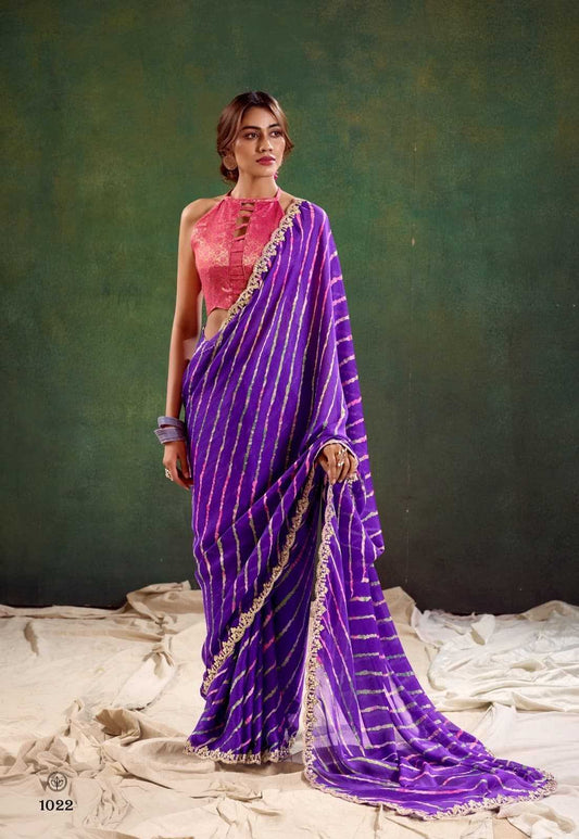 Chiffon  Stavan-Chunari Embroidered  Cutwork Saree