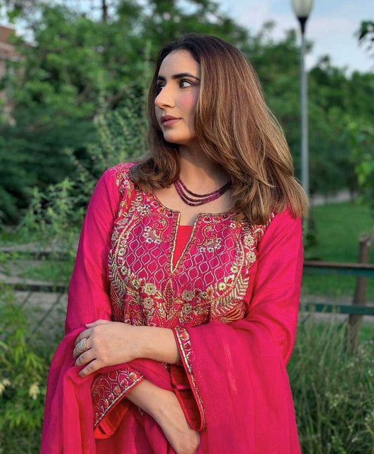 Chinon Embroidered Pink Salwar Suit