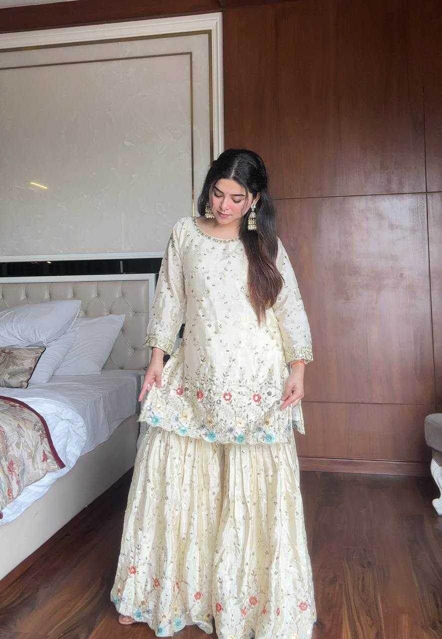 Chinon Sharara Salwar Embroidery Suits Manufacturer - MYLUXURY LANE ENTERPRISE