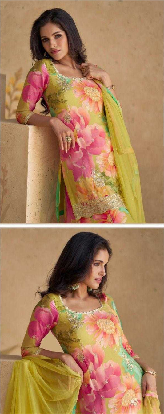 Chinon Silk  Ladies Embroidery Palazzo Suit