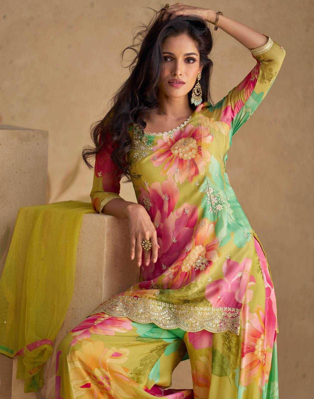 Chinon Silk  Ladies Embroidery Palazzo Suit