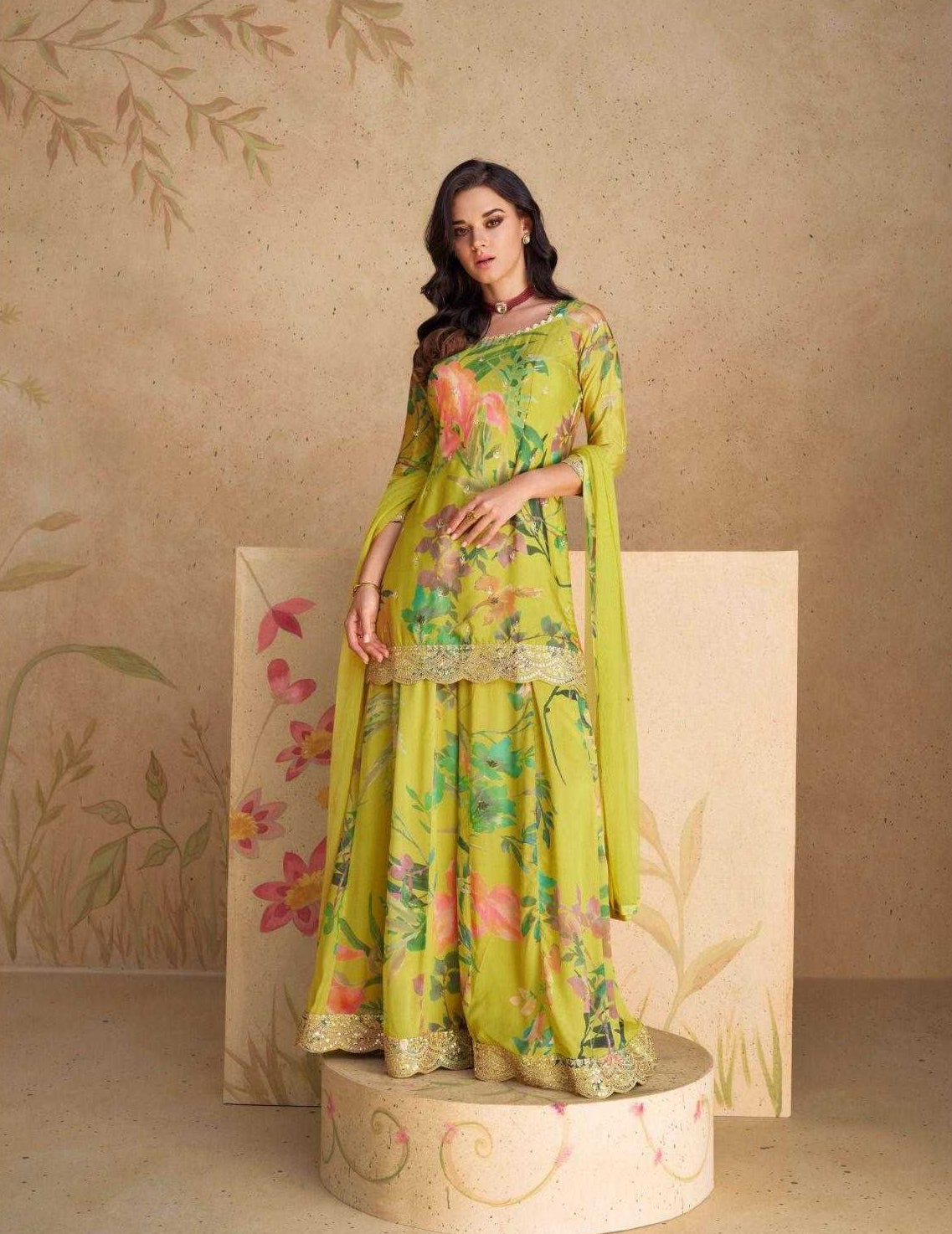 Chinon Silk  Ladies Embroidery Palazzo Suit