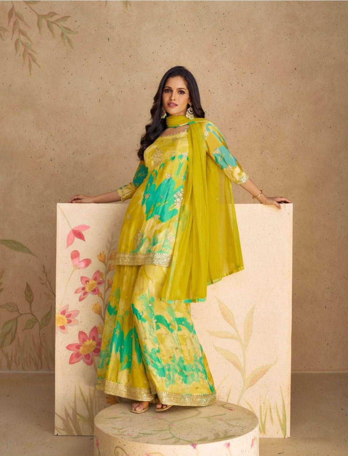 Chinon Silk  Ladies Embroidery Palazzo Suit
