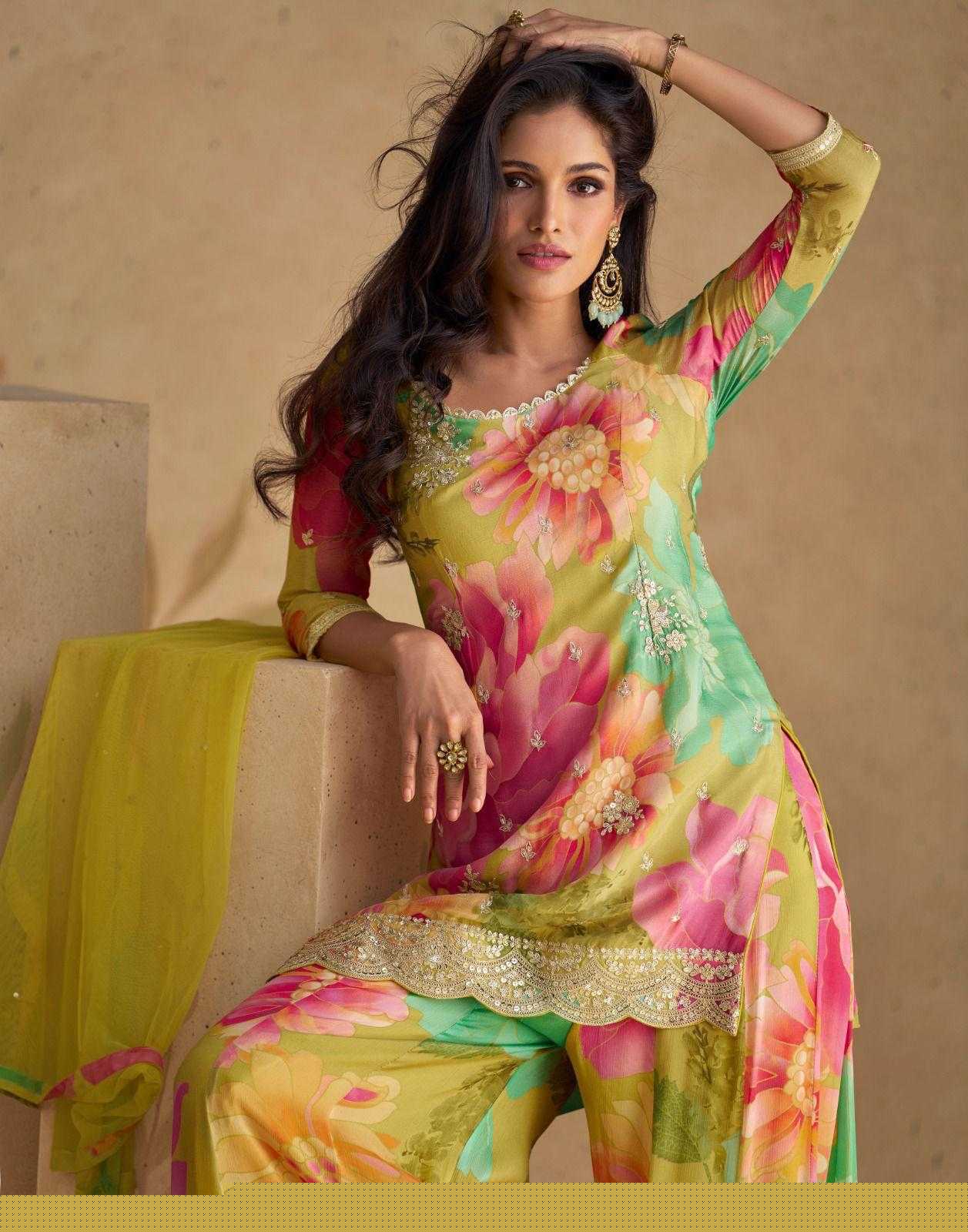 Chinon Silk  Ladies Embroidery Palazzo Suit