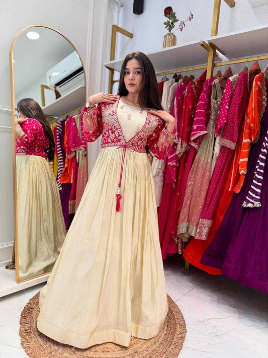 Chinon Silk  Embroidery Gown With Dupatta