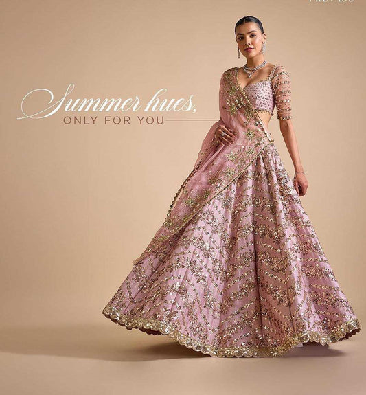 Chinon Silk  Thread Work Sequins Lehenga With Cancan