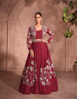 Chinon Silk Embroidered Jacket Style Lehenga - MYLUXURY LANE ENTERPRISE