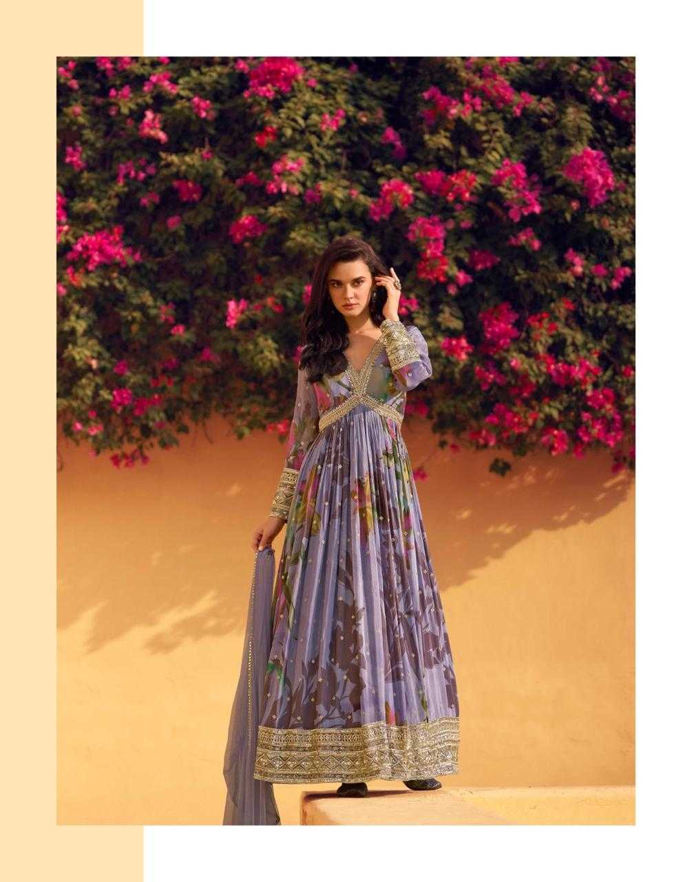 Chinon Silk  Embroidery  Party Gown