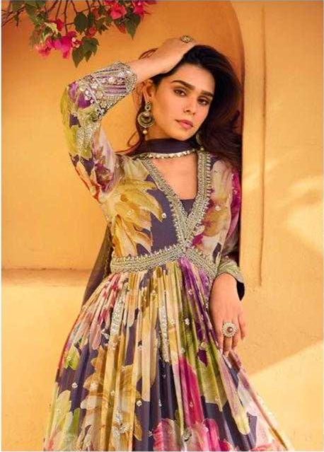 Chinon Silk  Embroidery  Party Gown