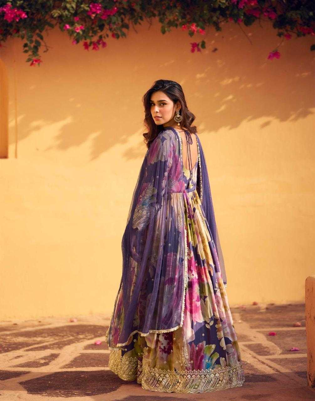 Chinon Silk  Embroidery  Party Gown