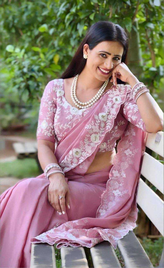 Chinon Silk  Sarees With Blouse
