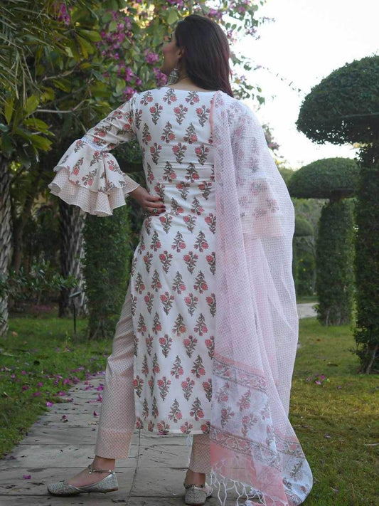 COTTON PRINTED COTTON LONG KURTI WHITE SALWAR SUITS - MYLUXURY LANE ENTERPRISE