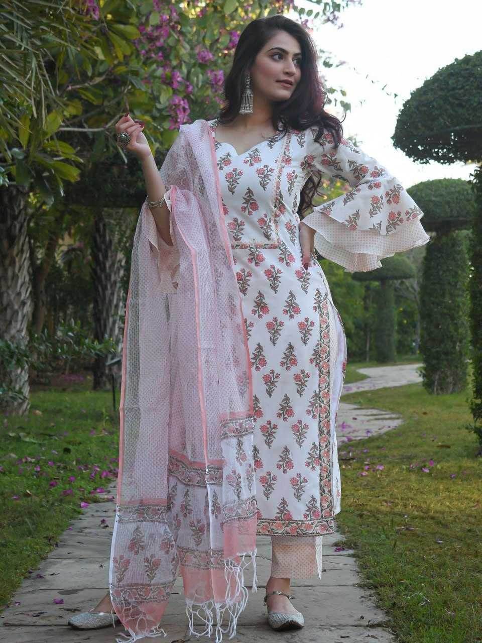 COTTON PRINTED COTTON LONG KURTI WHITE SALWAR SUITS - MYLUXURY LANE ENTERPRISE