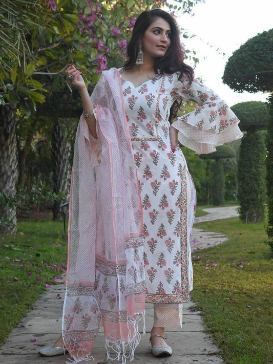 COTTON PRINTED COTTON LONG KURTI WHITE SALWAR SUITS - MYLUXURY LANE ENTERPRISE