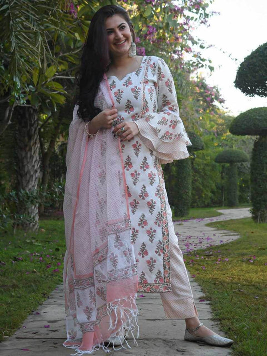 COTTON PRINTED COTTON LONG KURTI WHITE SALWAR SUITS - MYLUXURY LANE ENTERPRISE