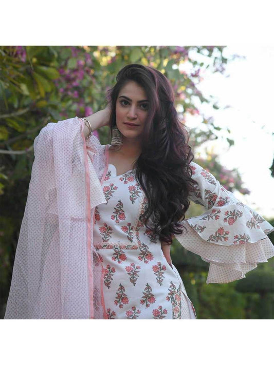 COTTON PRINTED COTTON LONG KURTI WHITE SALWAR SUITS - MYLUXURY LANE ENTERPRISE