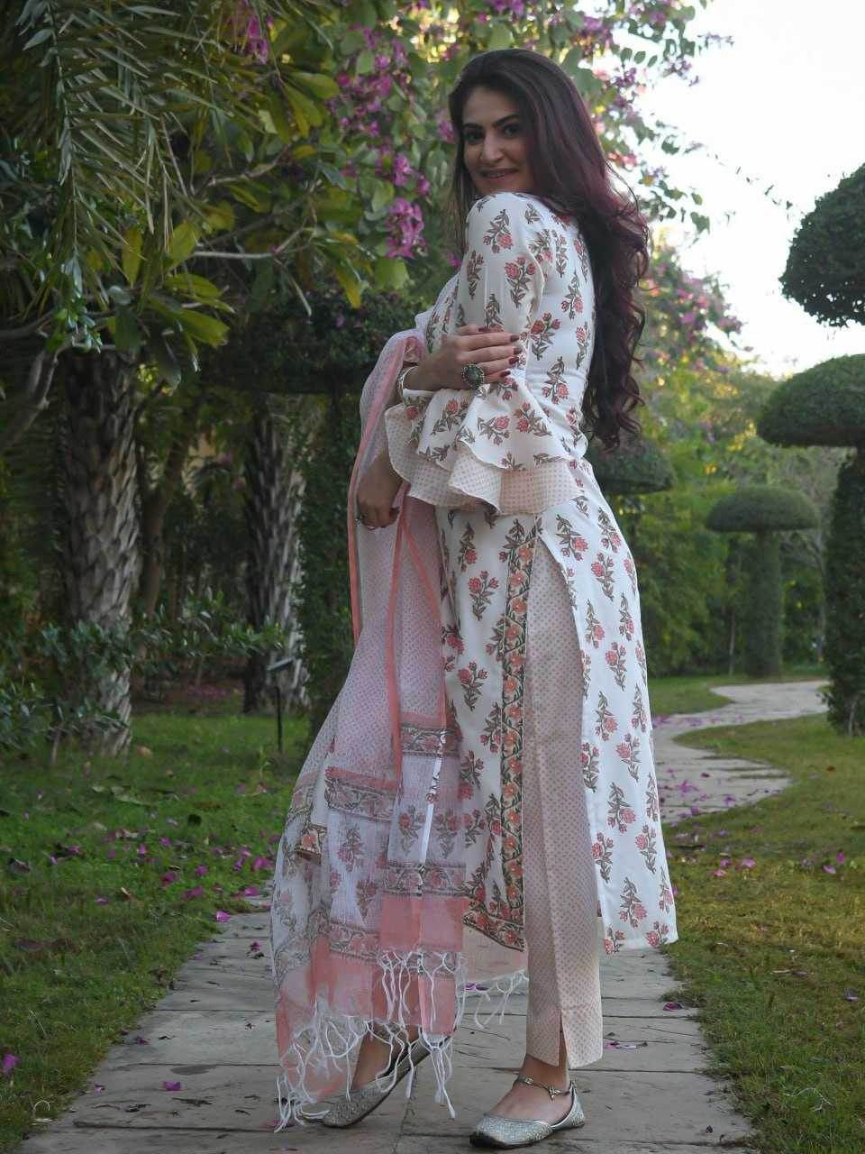 COTTON PRINTED COTTON LONG KURTI WHITE SALWAR SUITS - MYLUXURY LANE ENTERPRISE