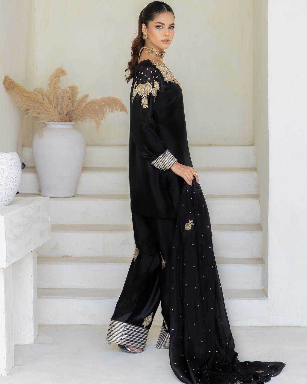 Crepe Silk Embroidery Suits Palazzo Black Salwar Suit - MYLUXURY LANE ENTERPRISE
