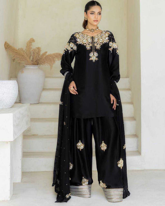 Crepe Silk  Embroidery Suits Palazzo Black Salwar Suit
