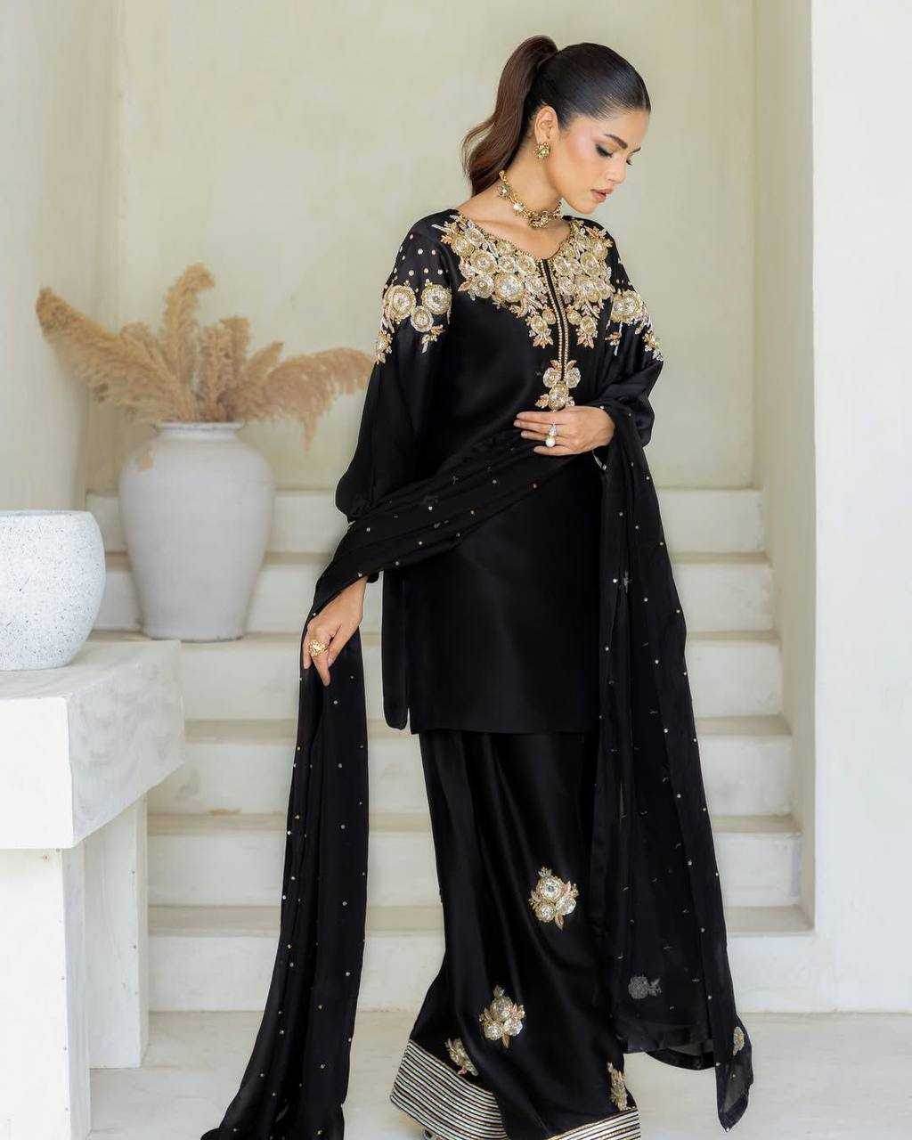 Crepe Silk Embroidery Suits Palazzo Black Salwar Suit - MYLUXURY LANE ENTERPRISE