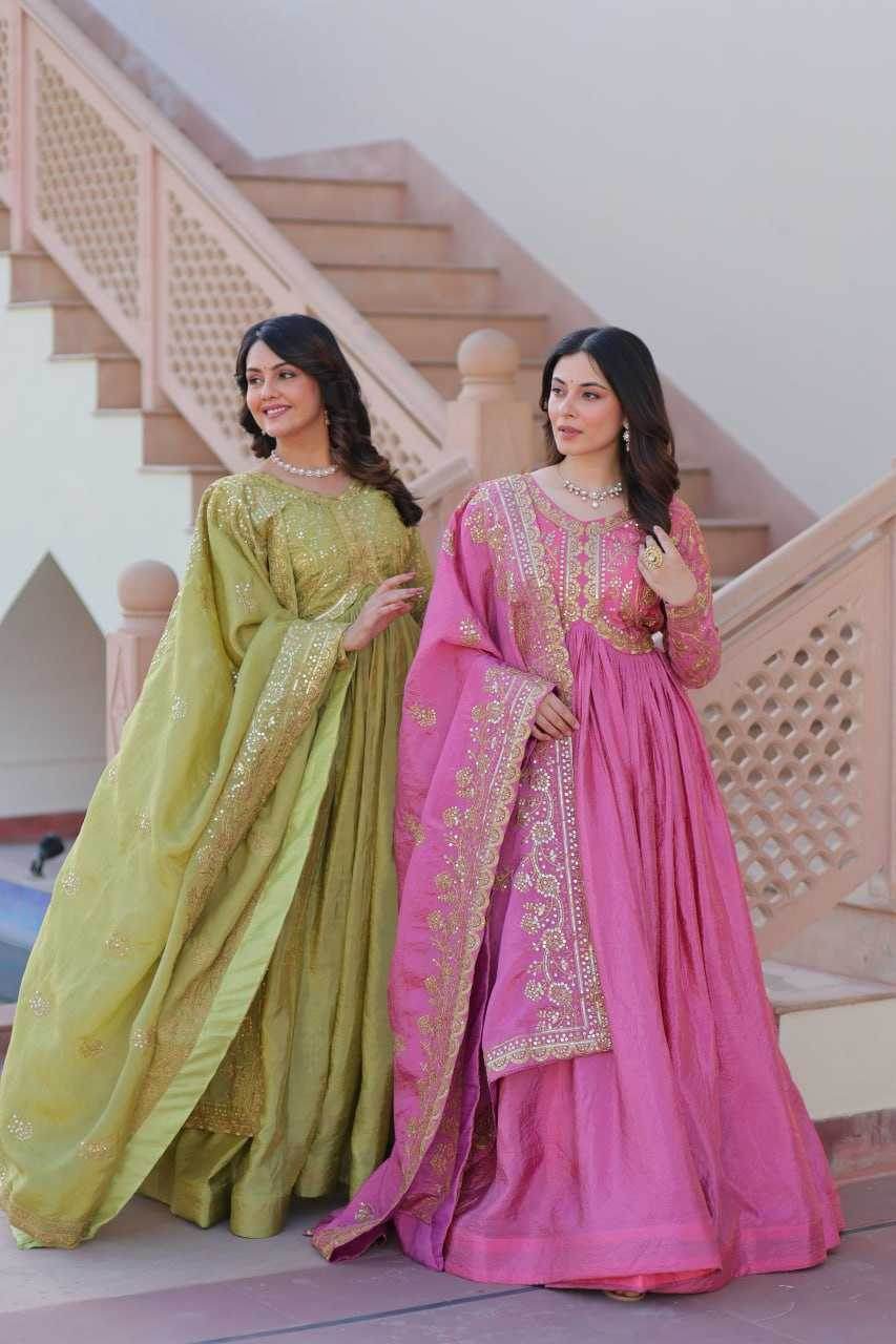 Crush Silk Embroidery Long Gowns - MYLUXURY LANE ENTERPRISE