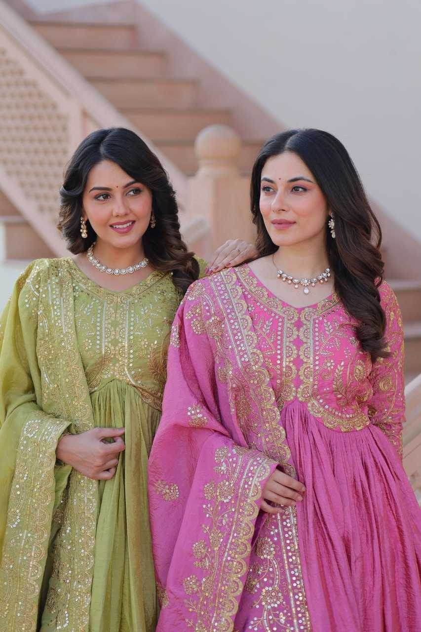 Crush Silk Embroidery Long Gowns - MYLUXURY LANE ENTERPRISE