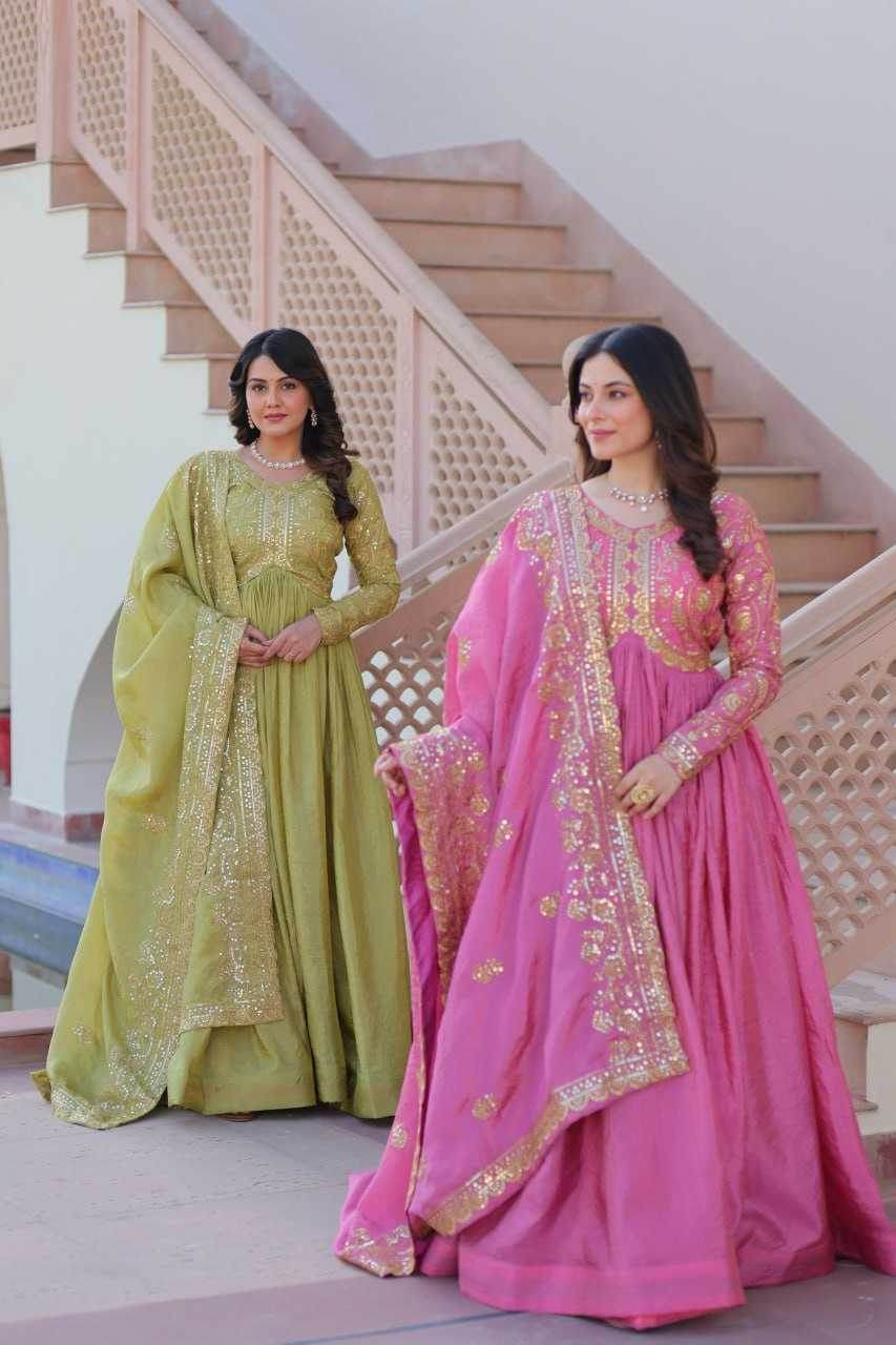 Crush Silk Embroidery Long Gowns - MYLUXURY LANE ENTERPRISE