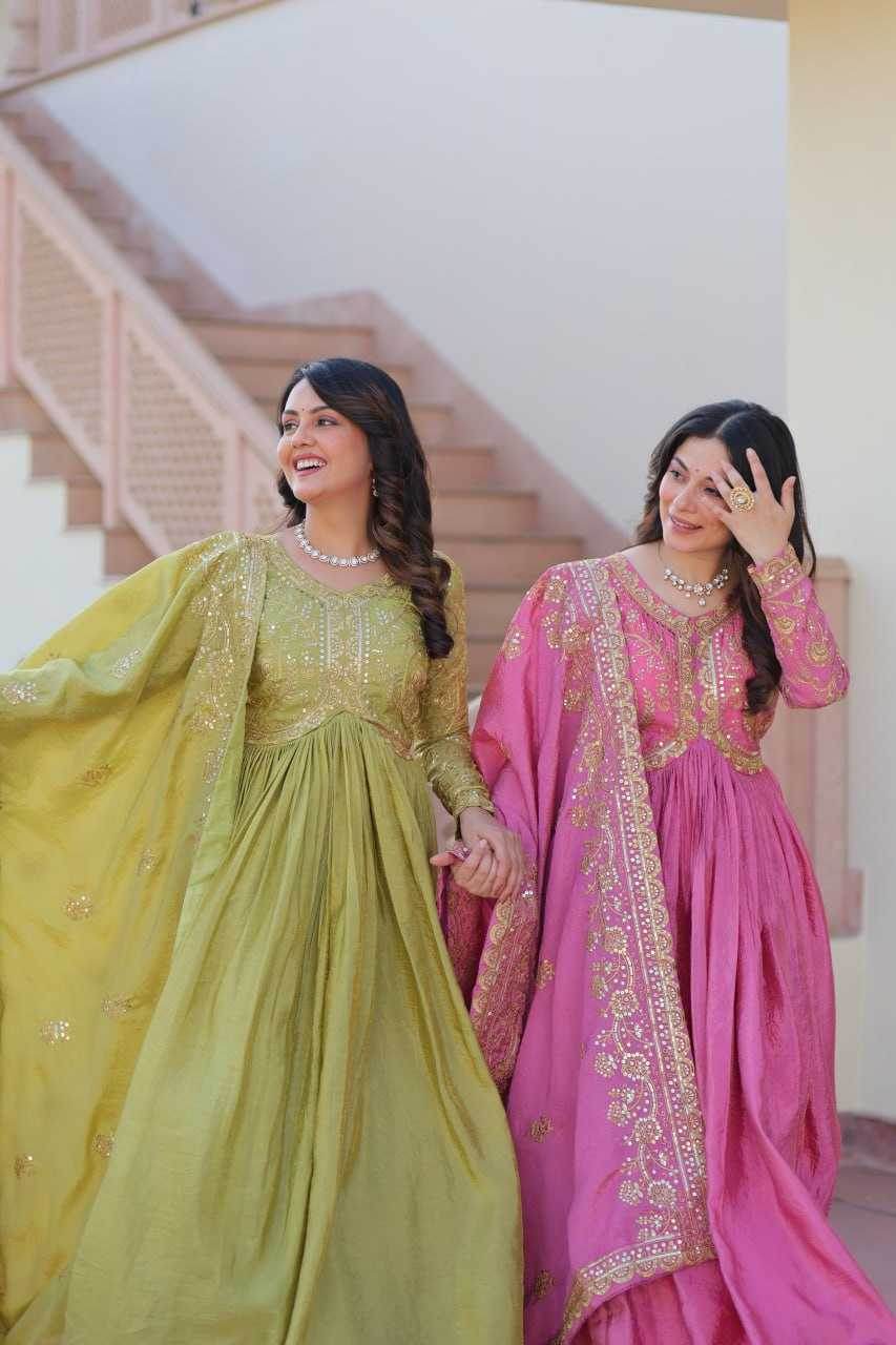 Crush Silk Embroidery Long Gowns - MYLUXURY LANE ENTERPRISE