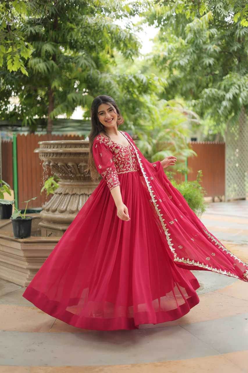 Faux Blooming Embroidery Anarkali Long Gown WITH-DUPATTA - MYLUXURY LANE ENTERPRISE