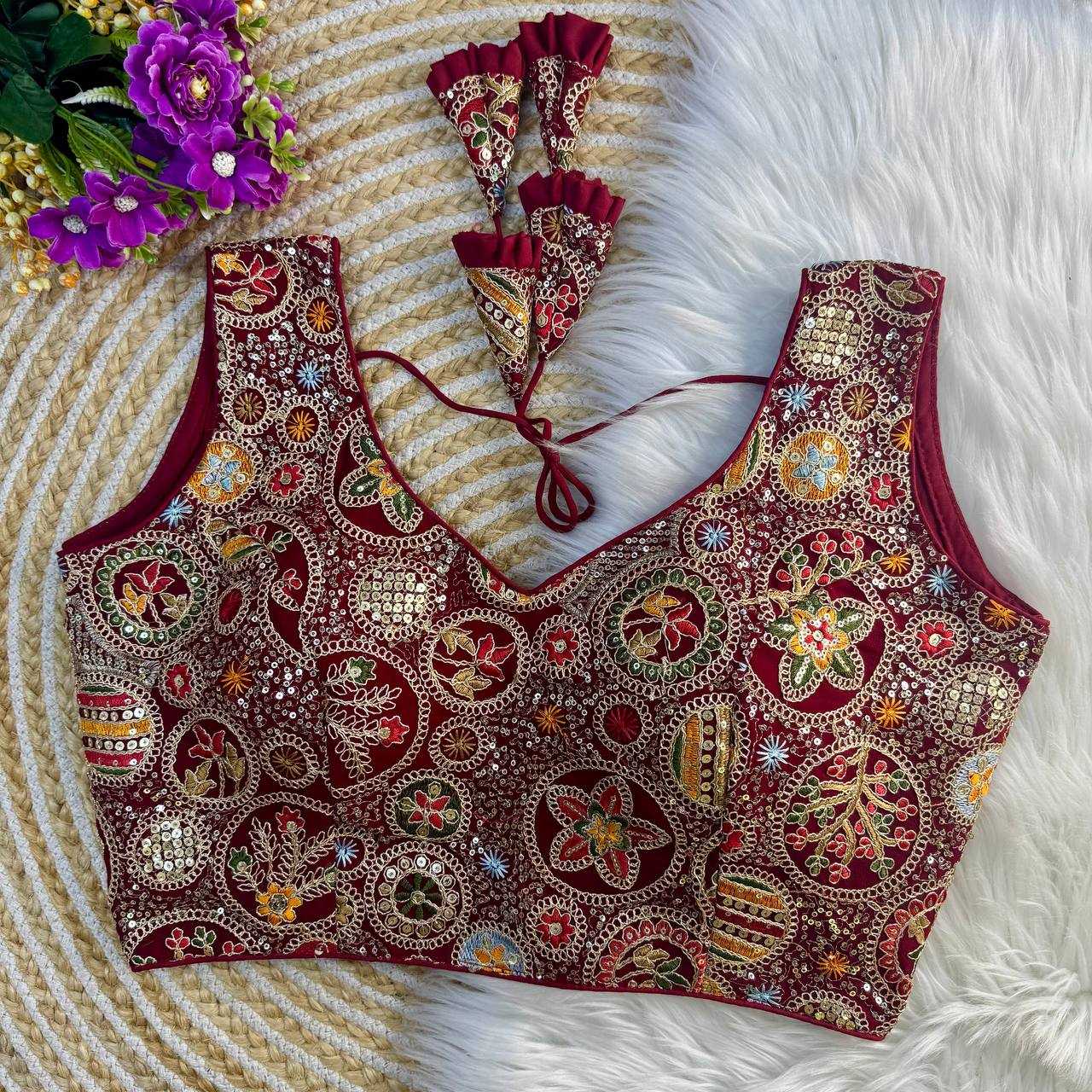Faux Georgette Readymade  V-Neck Sequence Embroidery Sleeveless Blouse