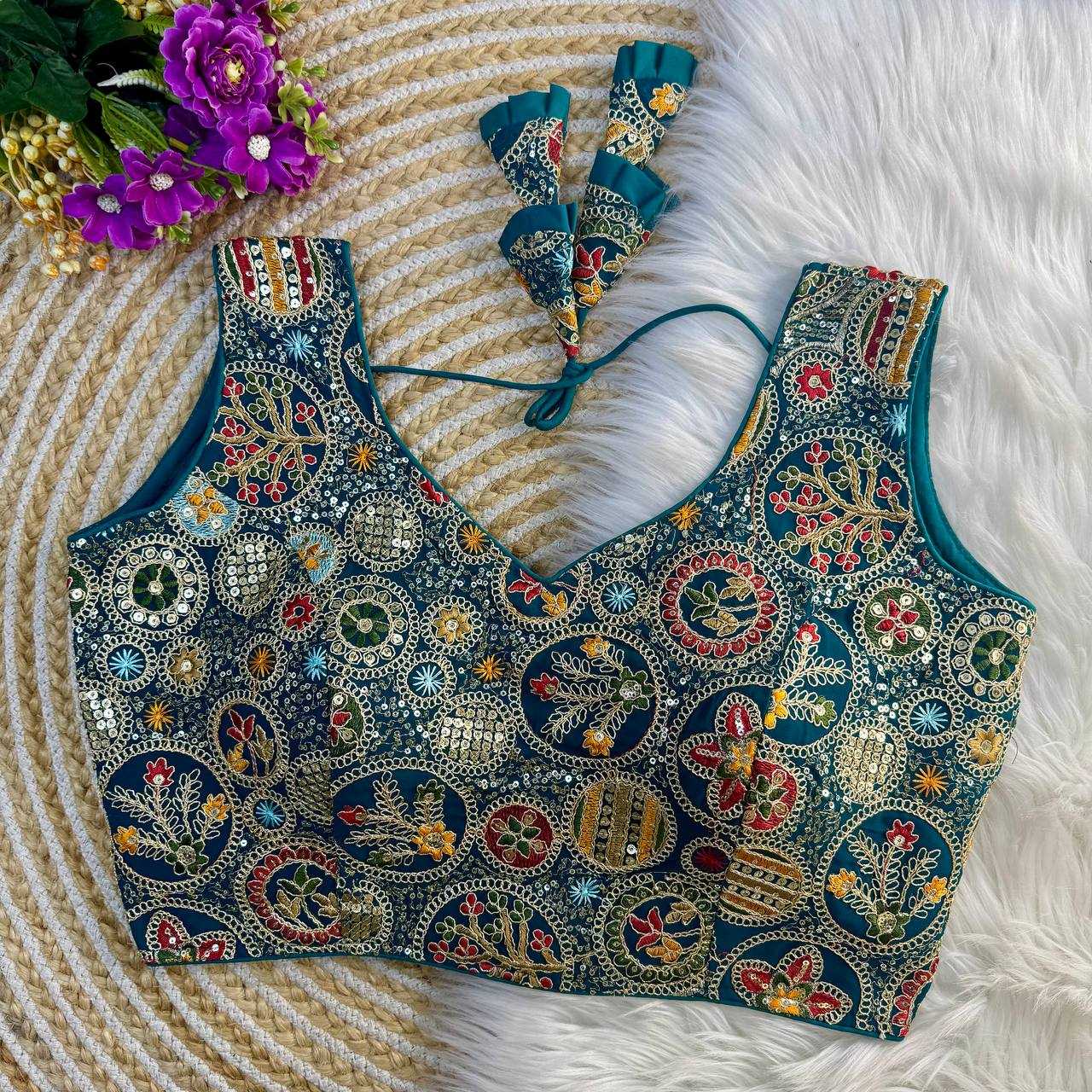 Faux Georgette Readymade  V-Neck Sequence Embroidery Sleeveless Blouse