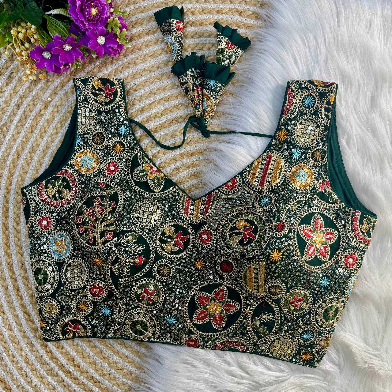 Faux Georgette Readymade  V-Neck Sequence Embroidery Sleeveless Blouse