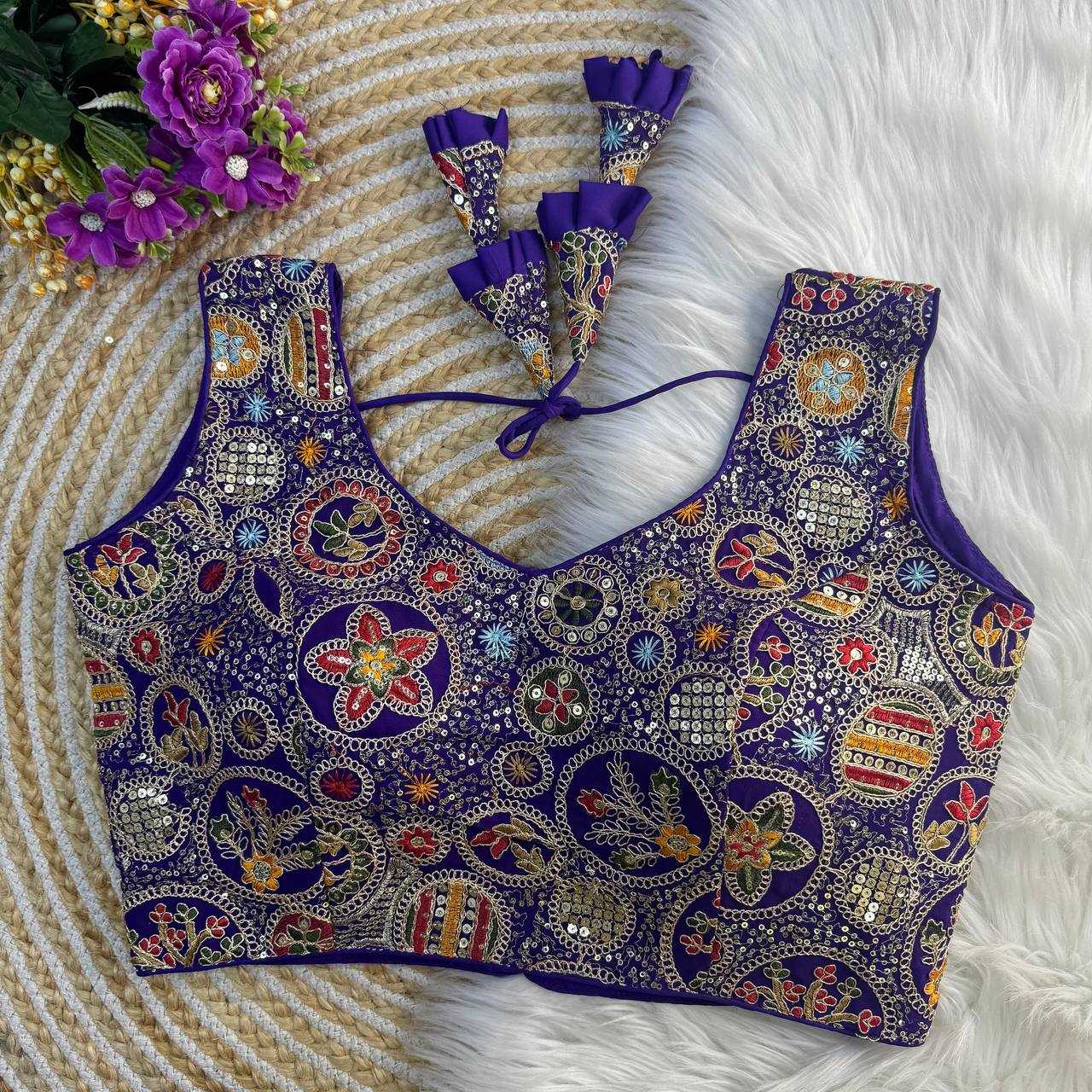 Faux Georgette Readymade  V-Neck Sequence Embroidery Sleeveless Blouse