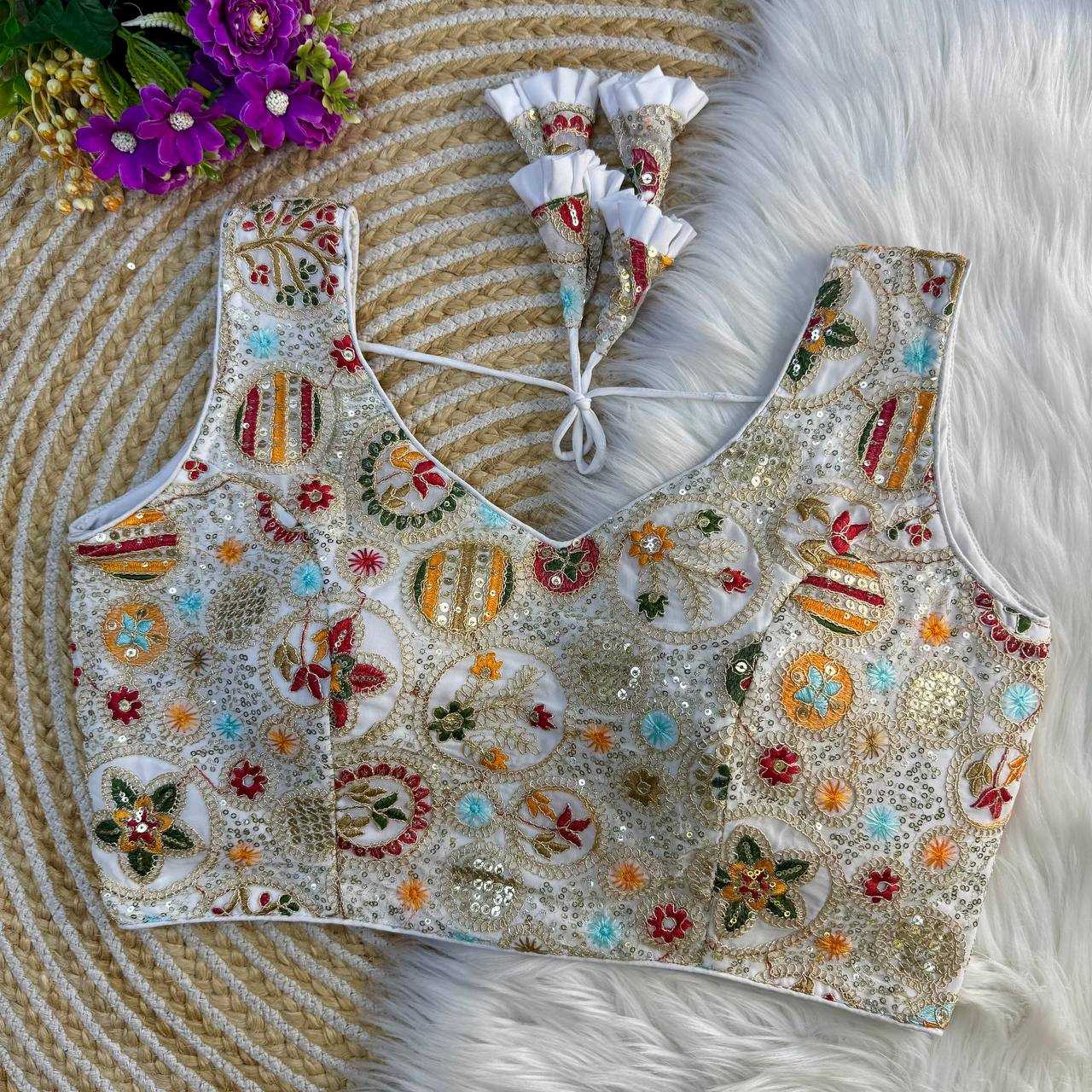 Faux Georgette Readymade  V-Neck Sequence Embroidery Sleeveless Blouse