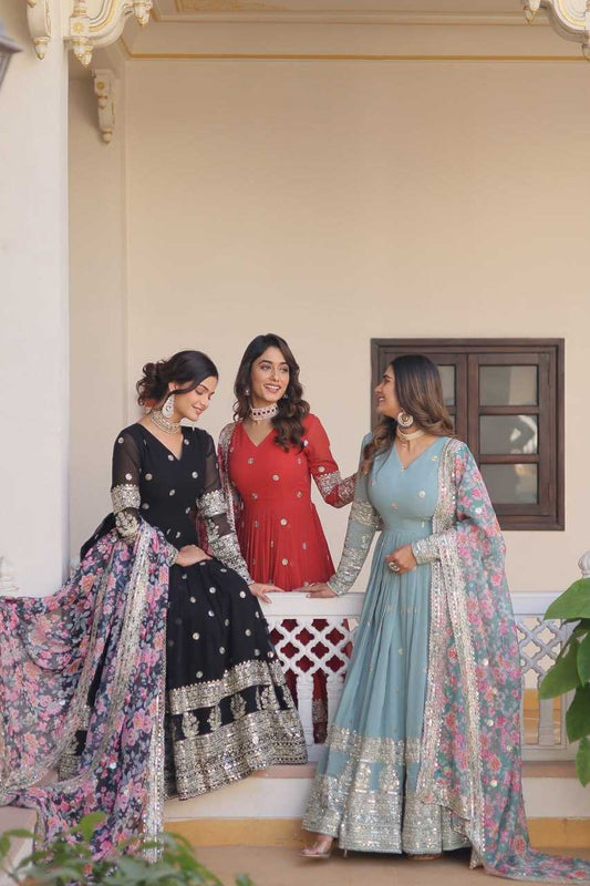 FAUX GEORGETTE  EMBROIDERY ANARKALI LONG  GOWN