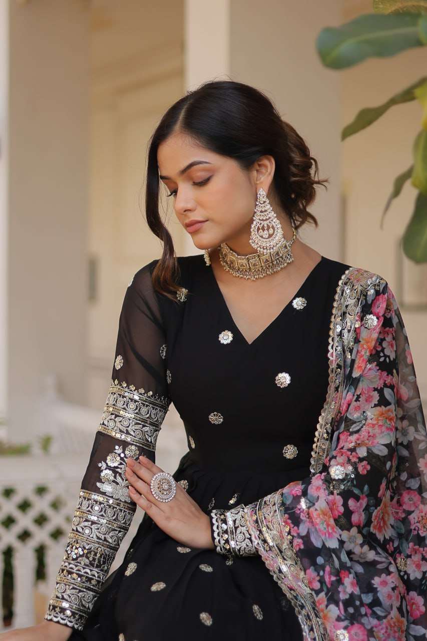 FAUX GEORGETTE  EMBROIDERY ANARKALI LONG  GOWN
