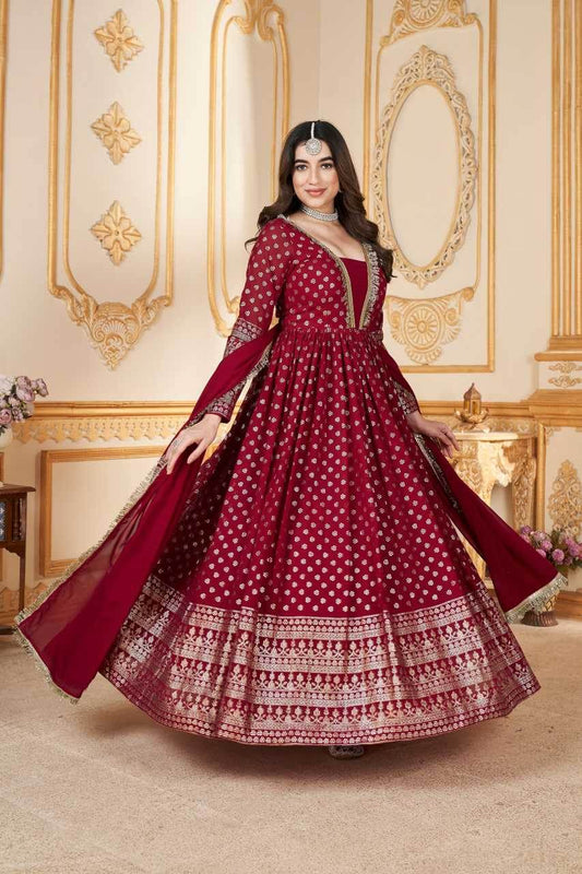Faux Georgette Long Red Gown - MYLUXURY LANE ENTERPRISE