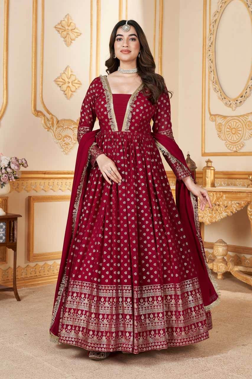 Faux Georgette Long Red Gown - MYLUXURY LANE ENTERPRISE