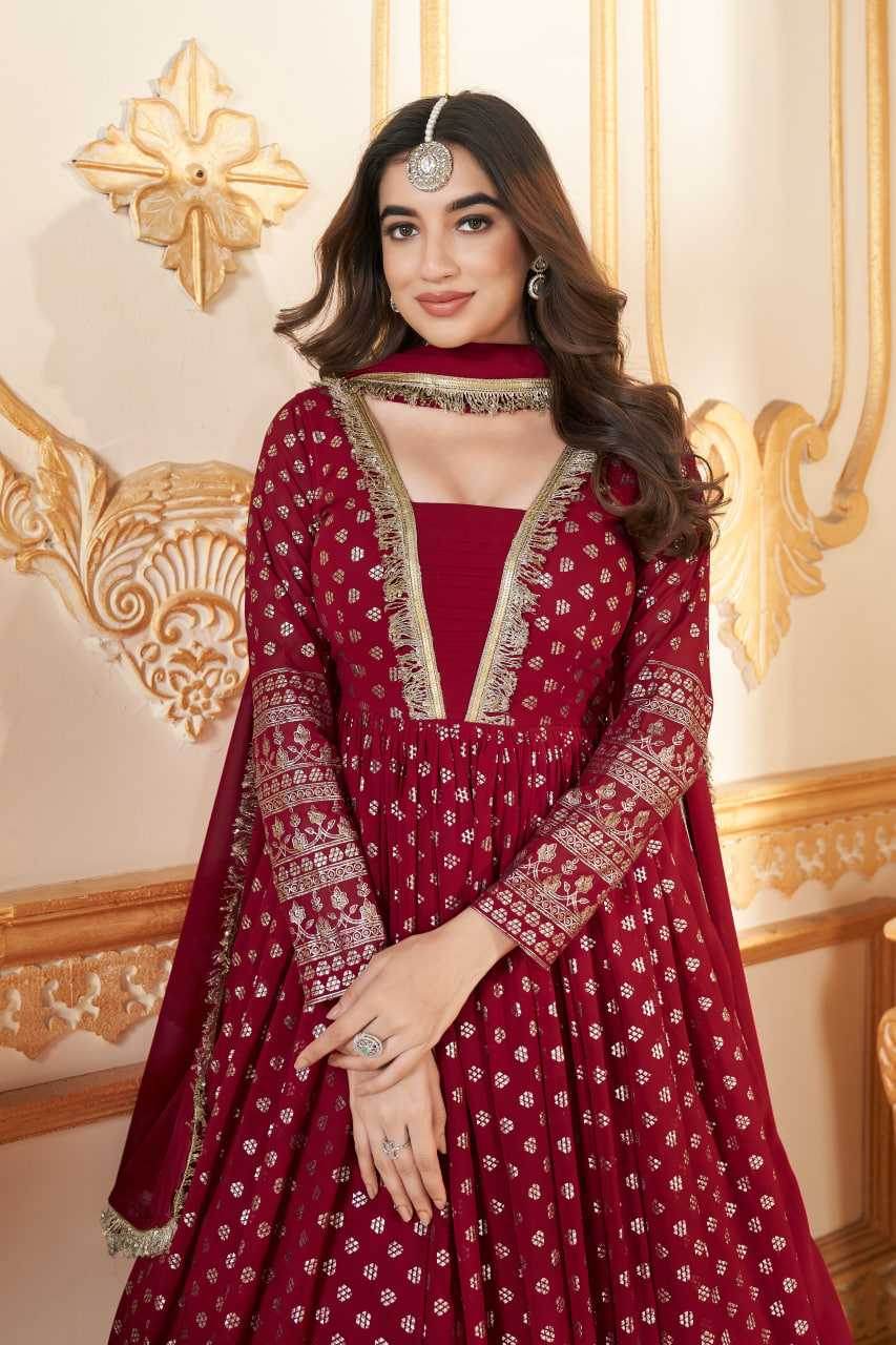 Faux Georgette Long Red Gown - MYLUXURY LANE ENTERPRISE