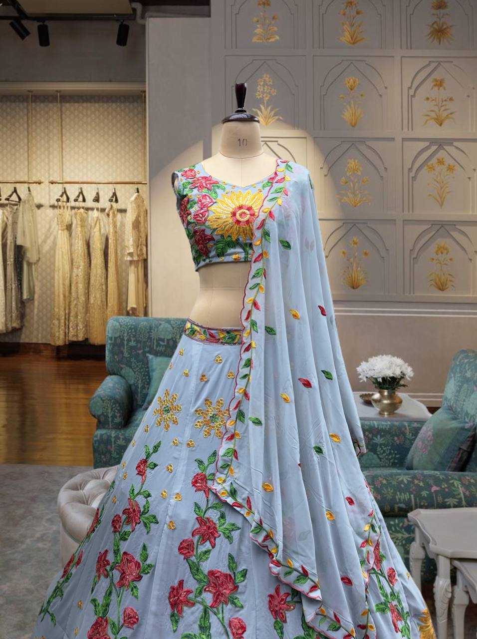 Faux GeorgetteEmbroidered  Sequins Lehenga With Cancan