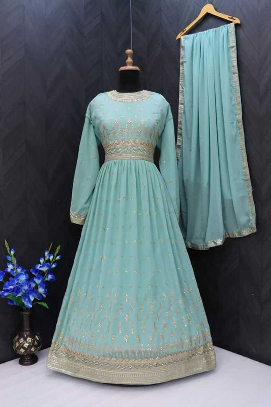 Faux Georgette Embroidery Anarkali Long  Full Sleeve Gown