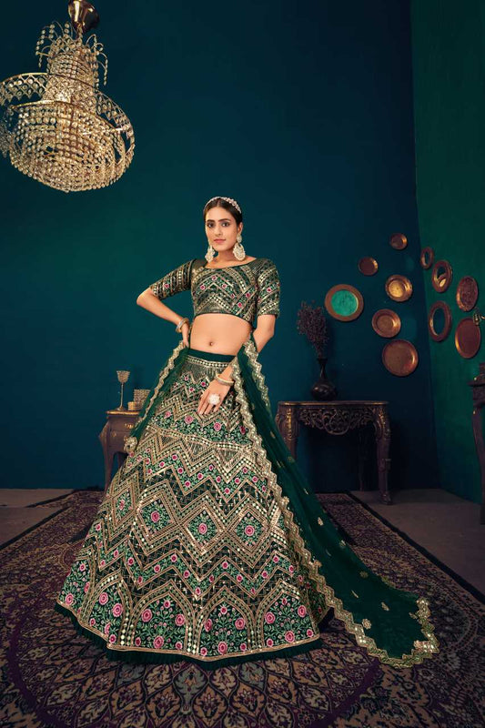 Embroidered Gota Patti Sequins Lehenga in Dark Green