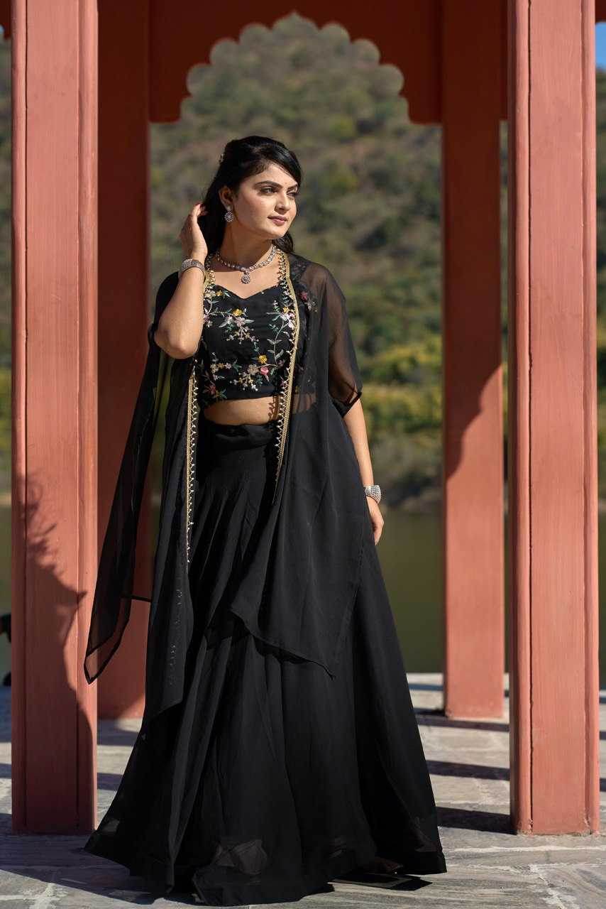 Black Georgette Lehenga Lehenga With Cancan For Elegance - MYLUXURY LANE ENTERPRISE