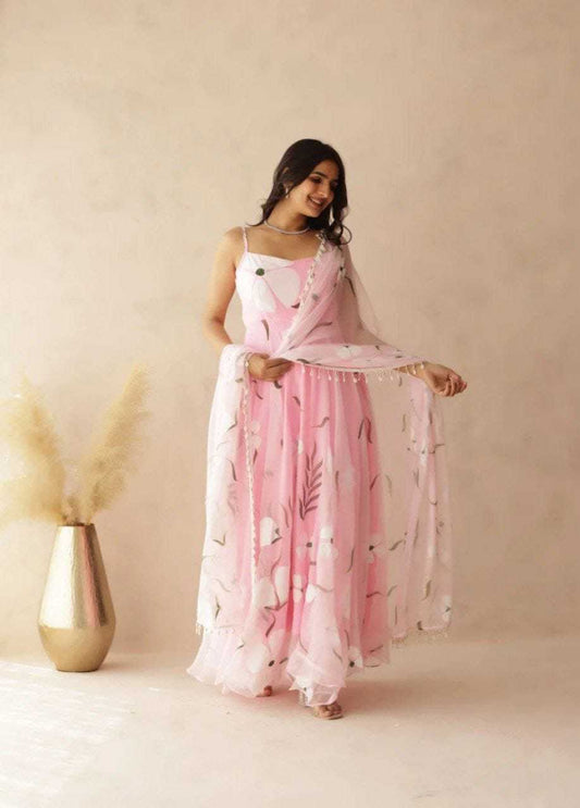 Georgette  Printed  Pink Gown