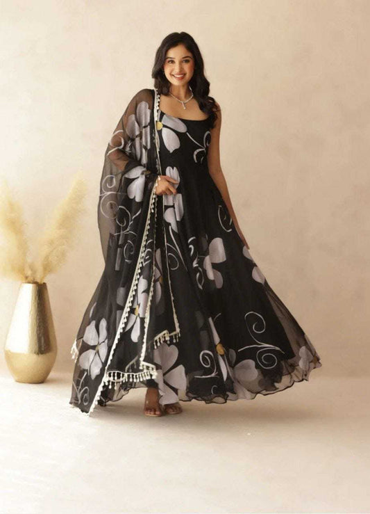 Georgette Printed  Black Gown