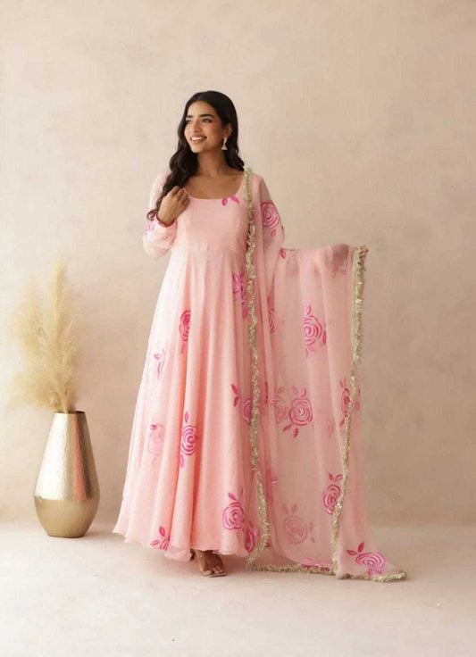 Georgette  Printed  Pink Gown