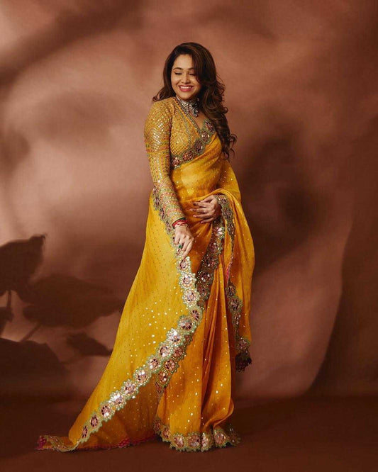 Georgette Sequin  Cutwork Mirror Work Saree